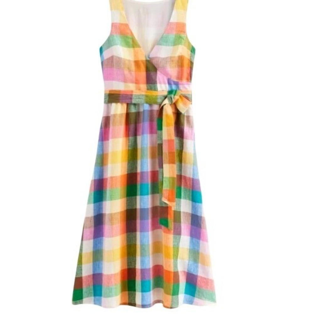 Boden Linen Wrap Midi Dress Multicolor Plaid Picnic Summer Patchwork Sundress6